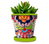 COBAZUL Mexican Pottery Planters - Talavera Planter - Succulent Pots - Ceramic Pots for Plants Indoor & Outdoor with Drainage Hole and Saucer - 4'' W x 4" H (Green-Small)