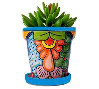 COBAZUL Mexican Pottery Planters - Talavera Planter - Succulent Pots - Ceramic Pots for Plants Indoor & Outdoor with Drainage Hole and Saucer - 4'' W x 4" H (Turquoise-Small)