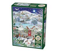 Cobble Hill Puzzle - Village on a Winter Night - 1000 Piece - Sample Poster Included - White/Black