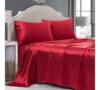Cobedzy 4 Pcs Red Satin Sheets Queen Size Silk Satin Bedding Sheets Set with 1 Deep Pocket Fitted Sheet, 1 Flat Sheet, 2 Pillowcase