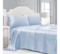 Cobedzy 4 Pieces Light Blue Satin Sheets Queen Size Bed Set, Luxury Silky Satin Bedding Sheets Set with 1 Deep Pocket Fitted Sheet, 1 Soft Flat Sheet, 2 Pillowcases