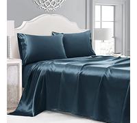 Cobedzy 4 Pieces Navy Blue Satin Sheets Queen Size Bed Set, Luxury Silky Satin Bedding Sheets Set with 1 Deep Pocket Fitted Sheet, 1 Soft Flat Sheet, 2 Pillowcases