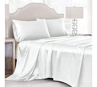 Cobedzy 4 Pieces White Satin Sheets Full Size Bed Set, Luxury Silky Satin Bedding Sheets Set with 1 Deep Pocket Fitted Sheet, 1 Soft Flat Sheet, 2 Pillowcases