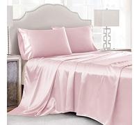Cobedzy King Satin Bed Linen Set, 4Pcs Luxury Soft Silky Sheets with Deep Pocket Fitted Sheet, Blush Pink