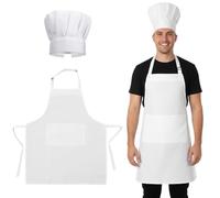 Cobee 2 Pcs Chef Apron and Hat, Adjustable Chef Costume Set Baking Aprons Chefs Hat White Chefs Hats and Apron for Adults Men Women(White, 1 Set)