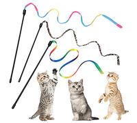Cobee 3 Packs Cat Wand Toy Set, 30cm Cat Interactive Wand with 60cm Rainbow Ribbon String+ Rainbow Cloth String + Leopard Print Cloth String for Pet Kitten Training Exerciser Kitten (3 Pcs)