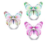 Cobee 3 Pcs Butterfly Cell Phone Ring Stand Holder, Cute Butterfly Pattern Painted Metal Finger Kickstand 360°Rotation Phone Ring Holder Stand Hand Grip with Knob Loop (Pink, Yellow, Green)