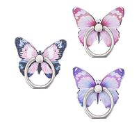 Cobee 3 Pcs Butterfly Cell Phone Ring Stand Holder, Cute Butterfly Pattern Painted Metal Finger Stand Kickstand 360°Rotation Phone Ring Holder Stand Ring Hand Grip with Knob Loop (Blue, Purple, Pink)