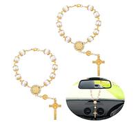 Cobee Car Rosary for Rearview Mirror, 2 Pieces Car Mirror Hanging Cross Auto Rosary Rear View Mirror Pendant Car Hanging Accessories Interior Decors for Women Men (Gold)