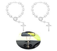 Cobee Car Rosary for Rearview Mirror, 2 Pieces Car Mirror Hanging Cross Auto Rosary Rear View Mirror Pendant Car Hanging Accessories Interior Decors for Women Men (White)