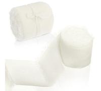 cobee Chiffon Ribbons, 2 Rolls 1.5'' x 5.5 Yard Handmade Fringe Silk Ribbons Frayed Edges Fabric Boho Ribbon for Gift Wrapping Wedding Flower Arrangement Decoration(White) (544531_1-LYJ-1)