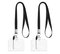 cobee Hard Plastic ID Card Badge Holder with Lanyards, 2 Set Heavy Duty Credit Card Protector with Thumb Slot Detachable Neck Lanyard Strap Clear Name Tag Holders Transparent Card Case