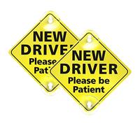Cobee New Student Driver Sign for Car - 5 x 5 Inch Window Reflective Sticker With Suction Cups - Please Be Patient Vehicle Bumper Sign for Beginner Rookie (2Pcs)