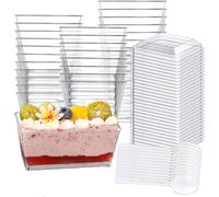 Cobenga 100 Pcs Dessert Cups With Lids +100 Pcs Spoons, 140 ml Rectangle Set, Mini Reusable Clear Plastic Serving Bowl for Pudding Party