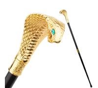 Cobra Snake Head Walking Cane, Gold Finish, Black Shaft, Decorative Handle with Turquoise Accents