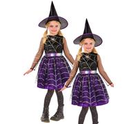 Cobweb Witch Girls Black Widow Witches Fancy Dress Costume Halloween + Hat