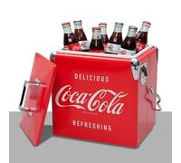 Coca-Cola 13L Stainless Steel Ice Chest Retro Cooler With Built-In Bottle Opener, Self-Locking Handle, Fits 18 Cans, Red & White