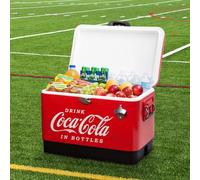 Coca-Cola 51L Stainless Steel Ice Chest Cooler With Bottle Opener Holds 85 Cans, Durable Design, Locking Lid