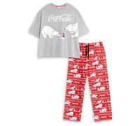 Coca-Cola Polar Bears Womens Red Grey Short Sleeve Long Leg Pyjama Set | Retro Logo Sleepwear & Lounge Wear | Comfortable Nightwear for Relaxing Merch