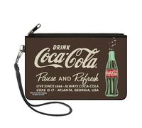 Coca-Cola Wallet, Zip Clutch, Drink Coca Cola Pause and Refresh Bottle Brown White, Canvas, Multicolor, L, Casual