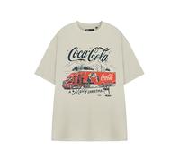Coca-Cola Womens Beige Christmas Graphic Tee | Classic Holiday Theme Crew Neck T-Shirt | A Merry Christmas Plain Top for Women | Short Sleeve Festive Apparel for Casual Wear