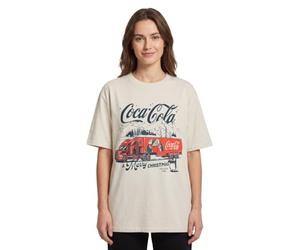 Coca-Cola Womens Beige Christmas Graphic Tee | Classic Holiday Theme Crew Neck T-Shirt | A Merry Christmas Plain Top for Women | Short Sleeve Festive Apparel for Casual Wear