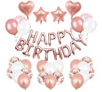 CocCCoon 35Pcs Birthday Decorations Rose Gold Themed Happy Birthday Balloons Kit, Romantic Party Happy Birthday Decorations Happy Birthday Balloon Banner with Star and Heart Foil Balloons