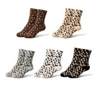 CocCCoon 5 Pairs Leopard Print Socks Women, Hiking Socks Retro Fur Spot Pattern Sock Fluffy Cozy Breathable Soft Gear, for Household Rest Mountain Travel Urban Leopard Print Gifts for Womens