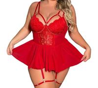 Cocey Lace-up Back Seductive Lingerie Set with Sheer Mesh Skirt & Garter Straps Red