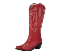 Cocey Women's Red Embroidered Cowboy Boots | Western Boots for Festivals & Nights Out, 5CM Chunky Heel