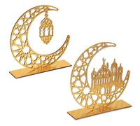 COCHIE 2 Pieces Wood Eid Mubarak Decorations Ramadan Kareem Table Sign Moon Hollow Star Freestanding Table Centerpiece Ornament for Muslim IslamicParty Tabletop Decor Home Art Craft Decoration