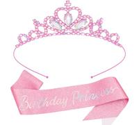 COCIDE Birthday Princess Sashes and Tiaras for Girls Pink Sash and Tiaras for Women Birthday Party Accessories Kit Happy Birthday Decorations Set Glitter Sash Crystal Rhinestone