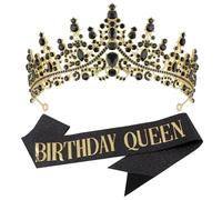 COCIDE Black Birthday Sash and Crown for Women - Crystal Tiaras Decorations for Girl,Glitter Rhinestone Gifts Headband Sashes Decor,Coronas for Queen,Happy Birthday Accessories Party Favors