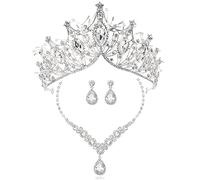 COCIDE Silver Jewelry Set for Women Crystal Tiara and Necklace Kit for Girls Rhinestone Crown Earrings Neck Accessories for Bride Wedding Birthday Party Bridal Prom Bridesmaid Dress up, ['Alloy',