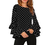 Cocil Fashion Women's Bell Long Sleeve Loose Polka Dot Shirt, Ladies Casual Round Neck Blouse Tops(XL,Black)