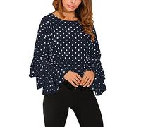 Cocil Fashion Women's Bell Long Sleeve Loose Polka Dot Shirt, Ladies Casual Round Neck Blouse Tops(XL,Blue)