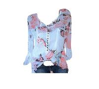 Cocil Women Casual Floral Printed Button Long Sleeve T-Shirt, Loose Plus Size Chiffon Irregular Hem Top Blouse(S,Blue)