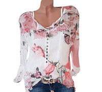 Cocil Women Casual Floral Printed Button Long Sleeve T-Shirt, Loose Plus Size Chiffon Irregular Hem Top Blouse(XL,White)