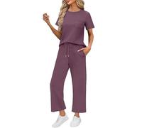 Cocila 2 Piece Sets for Women Casual Summer Travel Vacation Outfits Short Sleeve Wide Leg Crop Pants Long Suit Women's Fashion Pyjama Tops Ladies Waistcoat Suits Trousers UK Holiday Essentials