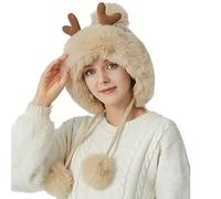 Cocila 2022 Christmas Deer Horn Knitted Hat Women Winter Outdoor Skiing Cold Proof Plush Ear Woolen Youth Trapper (Beige, M) with Scarf Attached Womens Set for Satin Beanie Hooded Balaclava Faux