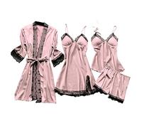 Cocila 4 Piece Pjs for Women Sets Robes Lace Dressing Silk Solid Satin Soft Summer Spring Dressing Gown Nightdress Sexy Underwear Pajamas Tops Shorts Dresses Sleepwear Pink M