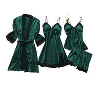 Cocila 4 Piece Pjs for Women Sets Robes Lace Dressing Silk Solid Satin Soft Summer Spring Dressing Gown Nightdress Sexy Underwear Pajamas Tops Shorts Dresses Sleepwear Army Green XXL