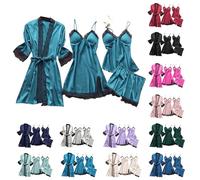 Cocila 4 Piece Pjs for Women Sets Robes Lace Dressing Silk Solid Satin Soft Summer Spring Dressing Gown Nightdress Sexy Underwear Pajamas Tops Shorts Dresses Sleepwear Blue XL