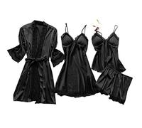 Cocila 4 Piece Pjs for Women Sets Robes Lace Dressing Silk Solid Satin Soft Summer Spring Dressing Gown Nightdress Sexy Underwear Pajamas Tops Shorts Dresses Sleepwear Black S