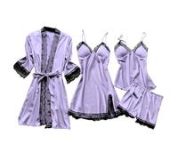 Cocila 4 Piece Pjs for Women Sets Robes Lace Dressing Silk Solid Satin Soft Summer Spring Dressing Gown Nightdress Sexy Underwear Pajamas Tops Shorts Dresses Sleepwear Purple M