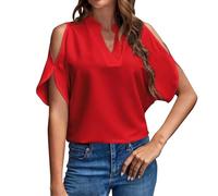 Cocila Blouse for Women UK Casual Cold Shoulder Shirt Elegant Notched V Neck Short Sleeve Tops Summer Solid Color Loose Ladies Tee Shirt Party Wear UK