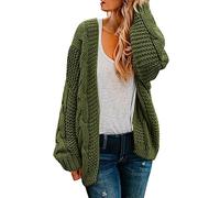 Cocila Cardigans for Women UK Women's Long Sleeved Solid Color Thick Needle Knit Mid Length Loose Coat Cardigan Women's Cable Knit Sweater (Green, XXL)