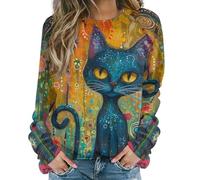 Cocila Cat Sweatshirts For Women Cute Sweater Graphic Crewneck Oversized Novelty Funny Knit Blouse (Black, S) Zipper Hoodies Black Hoodie Womans Womens Hooded Jacket Jackets Uk Zip Up Full