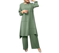 Cocila Deal of The Day Muslim Dress Women's New Round Neck Gown Solid Color Long Sleeve Casual Loose Dress Tank Top and Loose Pant Cotton Comfortable and Breathable Muslim Set Sale Clearance