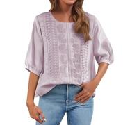 Cocila Deals of The Day UK Womens Casual 3/4 Sleeve T-Shirts Ladies Tops 2025 Summer Embroidery Crew Neck Breathable Pleated Tops Fashion Dressy Tunic Trendy Blouses Plus Size Black of Friday Deals